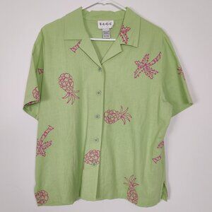 E.L.C.C Women's Blouse Size L Green Pink Tropical Linen Rayon Summer Vintage